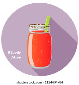 Vector illustration of Bloody Mary vodka and tomato juice cocktail in mason jar with celery garnish and long shadow design. 