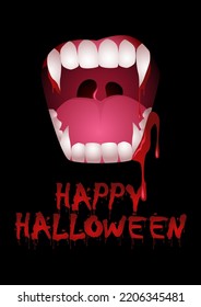 Ilustración vectorial de dientes de vampiros sangrientos sobre fondo negro, Halloween, tema del horror