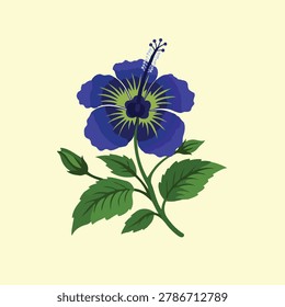 Vector illustration of a blooming Blue China Rose with green leaves, isolated on a cream color background.