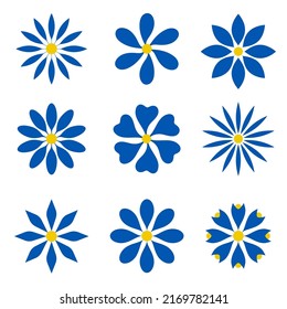 Ilustración vectorial de una flor azul floreciente, girasol, con un punto amarillo en el medio, aislado en un fondo, puesto. Diseño de moda para emblemas, decoración, presentación, dibujos animados para imprimir.