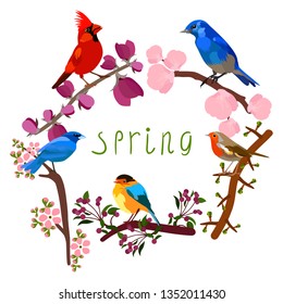 Vector illustration of blooming branches and little birds. Spring design. Isolated on white background.