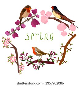 Vector illustration of blooming branches and little birds. Spring design. Lettering. Isolated on white background.