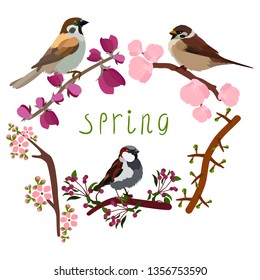 Vector illustration of blooming branches and sparrows. Spring design. Lettering. Isolated on white background.