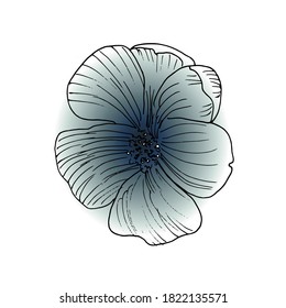 Vector illustration. Blooming bud in hand-drawn style with black outlines and blue gradient fill. Element for design.