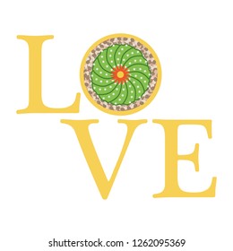 Vector illustration with blooming cactus and inscription love. Love message. Greeting card happy Valentine's Day. Romantic background.