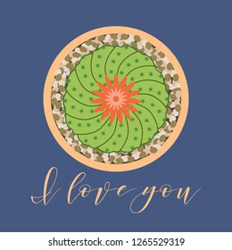 Vector illustration with blooming cactus and inscription I love you. Love message. Greeting card happy Valentine's Day. Romantic background.