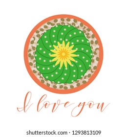 Vector illustration with blooming cactus and inscription I love you. Love message. Greeting card happy Valentine's Day. Romantic background.