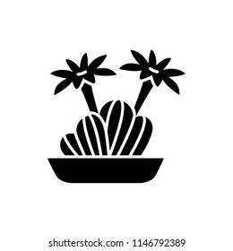 Vector illustration of blooming echinopsis cactus in the pot. Desert plant for terrarium and rock garden. Flat icon of succulent. Isolated object on white background. 