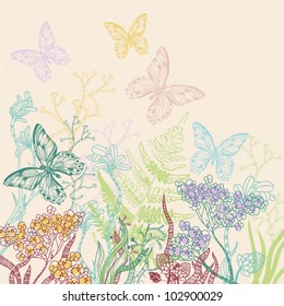 vector illustration of a blooming field and flying butterflies