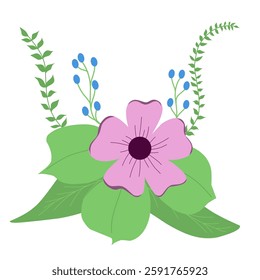 Vector illustration of a blooming flower with wide leaves and small surrounding blossoms. Elegant and natural, perfect for floral and decorative designs.
