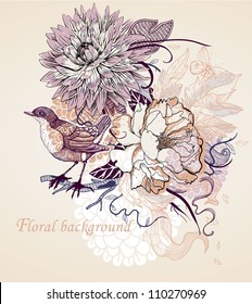 vector illustration of blooming flowers and a little bird