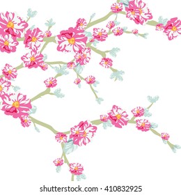 Vector illustration blooming flowers on tree branch in watercolor technique. Spring Time flowers background