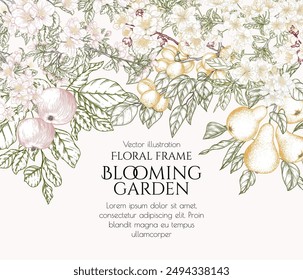 Vector illustration of a blooming fruit garden. Apples, pears and apricots in engraving style