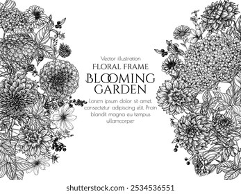 Ilustración vectorial de un jardín floreciente. Hortensia, dalia, zinnia, cosmea en estilo de grabado