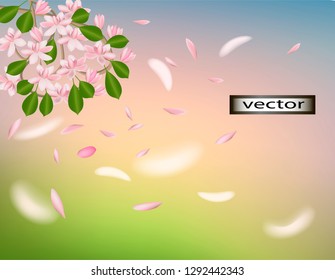 Vector illustration of a blooming garden landscape spring flying petals from the flowers Sakura, cherry blossoms on a background of soft romantic colors