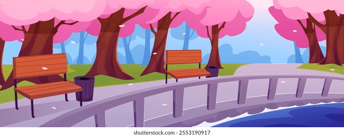 Vector illustration with blooming Japanese sakura creates a landscape with pink petals in the air. A park with trees, benches, urns, lush grass under a spring sky.