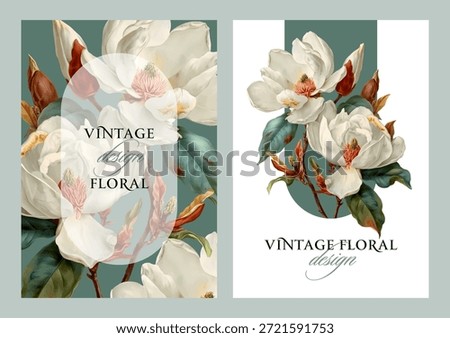 Vector illustration with with blooming magnolia flowers isolated on a changeable background. Floral design template for wedding invitation, greeting card, notebook cover, flyer or banner.