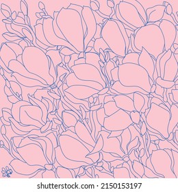 Vector illustration of blooming magnolias. Contour image on a pink background