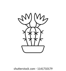 Vector illustration of blooming notocactus in the pot. Desert plant for terrarium and rock garden. Line icon of cactus. Isolated object on white background. 