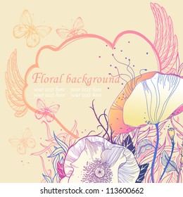 vector  illustration of blooming poppies and flying butterflies