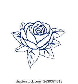 Vector illustration of a blooming rose flower with surrounding leaves. Drawn in blue outline style, perfect for botanical prints, branding, wedding decor, and packaging design.