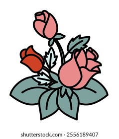 A vector illustration of blooming roses in shades of red and pink, complemented by green leaves. Drawn in a bold and decorative style, isolated on a white background. Ideal for romantic designs.