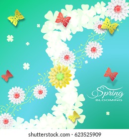 Vector illustration of Blooming Spring on the gradient green and blue background with flowers and butterflies.