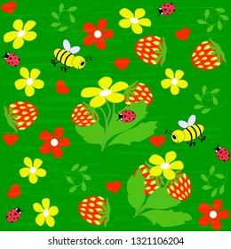 Vector illustration with blooming strawberry meadow, bees, ladybirds, hearts on a green background. Hand made, artistic, textured. Cute summer and spring postcard design template.
