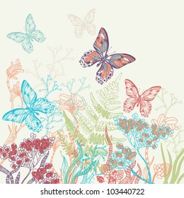vector illustration of a blooming summer field with colorful butterflies