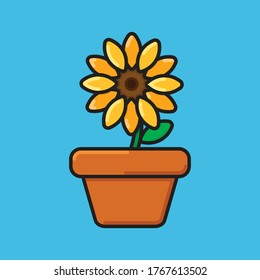 Vector illustration of a blooming sunflower plant on a brown vase pot on a flat background