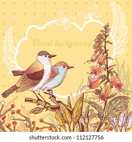 vector illustration of blooming wild flowers and a couple of forest birds