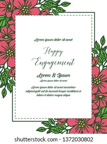 Vector illustration blossom flower frame with writing of happy engagement of hand drawn