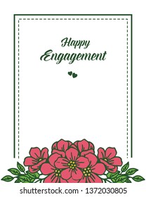Vector illustration blossom flower frame with writing of happy engagement of hand drawn