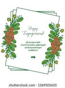 Vector illustration blossom red flower frame with writing of happy engagement of hand drawn