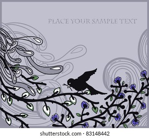 vector illustration of a  blossoming tree and a black bird