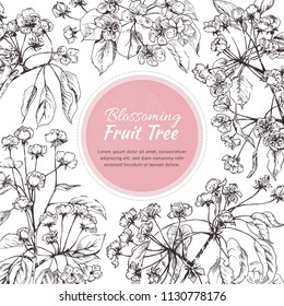 Vector illustration with blossoming tree branches and text field. Template layout with flowers and leaves. Useful backdrop for greeting card, label, invitation, poster, save the date, menu, web design