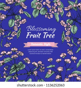 Vector illustration with blossoming tree branches and text field. Template layout with flowers and leaves. Useful backdrop for greeting card, label, invitation, poster, save the date, menu, web design