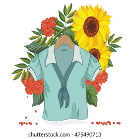 Vector illustration of a blouse on an autumn background with leaves sunflowers and rowanberries