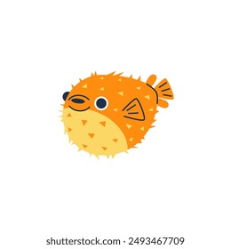 Vector illustration with blowfish: yellow-orange balloon fish with sharp needles. Graphic icon depicting wildlife, ecology and underwater fauna on a white background