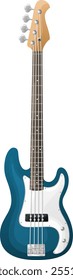 A vector illustration of a blue, 4-string electric bass guitar, showcasing its sleek design and detailed components, perfect for music-themed microstock collections