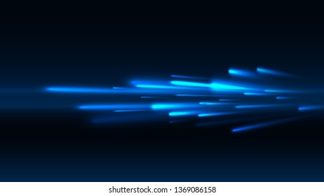 Vector illustration of blue abstract background with blurred magic neon light  lines. Blurry highlights on a dark background. High-speed abstraction. Shining blue fine lines