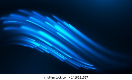 Vector illustration of blue abstract background with blurred magic neon light lines. Blurry highlights on a dark background. High-speed abstraction. Shining blue fine lines. Energy waves