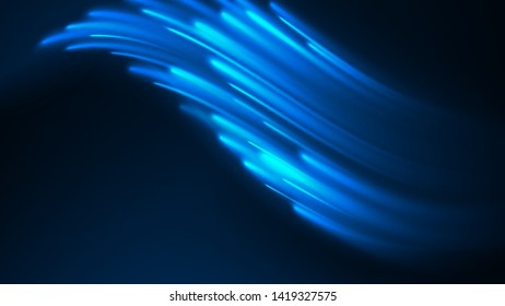 Vector illustration of blue abstract background with blurred magic neon light lines. Blurry highlights on a dark background. High-speed abstraction. Shining blue fine lines. Energy waves