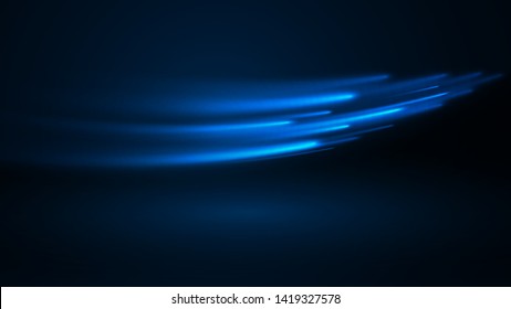 Vector illustration of blue abstract background with blurred magic neon light lines. Blurry highlights on a dark background. High-speed abstraction. Shining blue fine lines. Energy waves