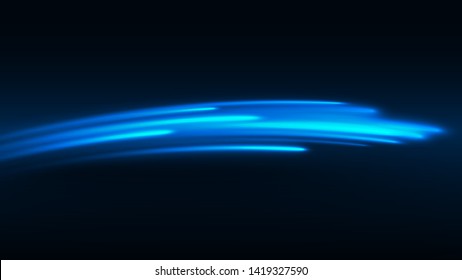 Vector illustration of blue abstract background with blurred magic neon light lines. Blurry highlights on a dark background. High-speed abstraction. Shining blue fine lines. Energy waves
