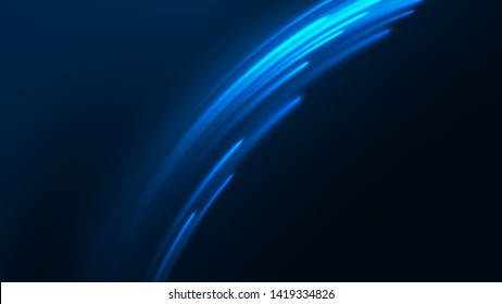 Vector illustration of blue abstract background with blurred magic neon light lines. Blurry highlights on a dark background. High-speed abstraction. Shining blue fine lines. Energy waves