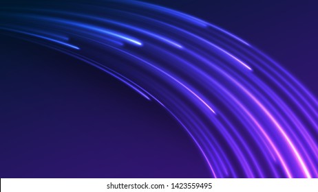 Vector illustration of blue abstract background with blurred magic neon light lines. Blurry highlights on a dark background. High-speed abstraction. Shining blue fine lines. Energy waves