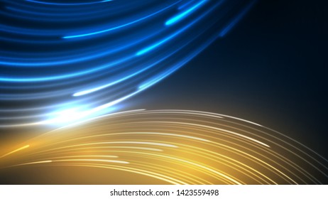 Vector illustration of blue abstract background with blurred magic neon light lines. Blurry highlights on a dark background. High-speed abstraction. Shining blue fine lines. Energy waves