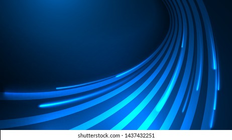 Vector illustration of blue abstract background with blurred magic neon light lines. Blurry highlights on a dark background. High-speed abstraction. Shining blue fine lines. Energy waves