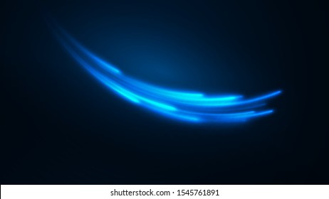 Vector illustration of blue abstract background with blurred magic neon light lines. Blurry highlights on a dark background. High-speed abstraction. Shining blue fine lines. Energy waves